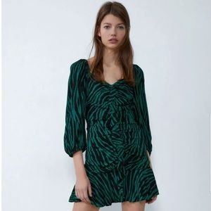 ZARA Mini Dress Ruffle Front Ruched Flare Zebra
